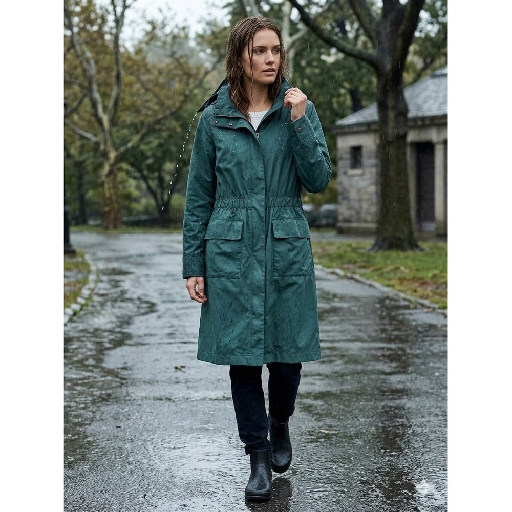 Eileen Fisher Organic Cotton Nylon Cinched Waist Parka Jacket Teal Green XS
